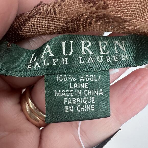 Vintage Lauren Ralph Lauren Brown Plaid Wool Scarf Rhinestone Crest - Picture 7 of 8